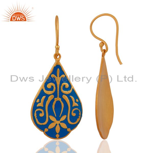 Exporter 24 Karat Yellow Gold Plated over Brass Ethnic Designer Enamel Dangle Earrings