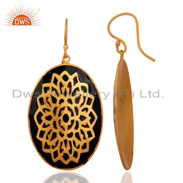 Exporter 14K Yellow Gold Plated Traditional Handmade Black Enamel Dangle Brass Earrings