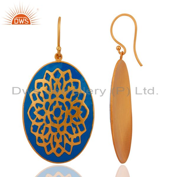 Exporter 18-Karat Yellow Gold Plated Handmade Designer Earrings With Blue Enamel Jewelry