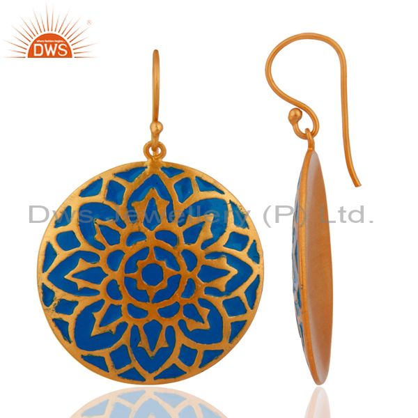 Exporter 22-K Gold Plated Blue Enamel Earrings With Glorious Traditional Design Jewelry