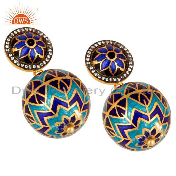 Exporter 18K Gold Plated Sterling Silver CZ And Enamel Disc Design Dangle Earrings