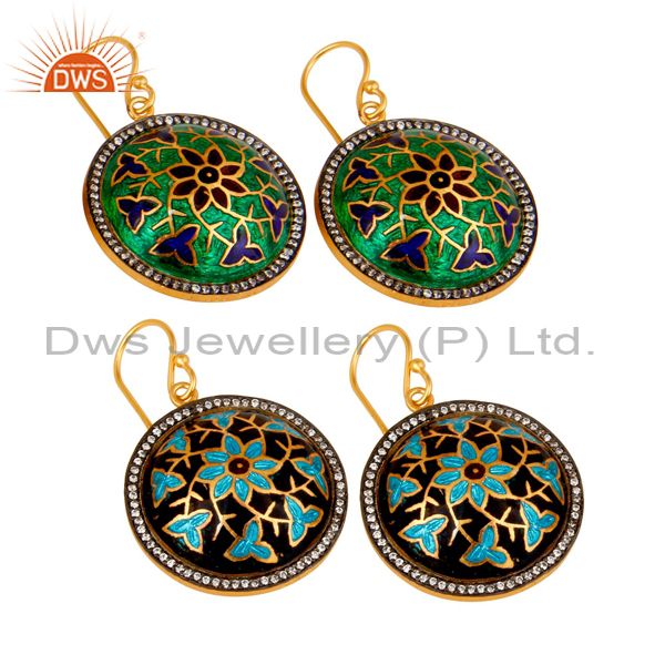 Exporter 18K Gold Plated Sterling Silver CZ And Floral Enamel Design Dangle Earrings