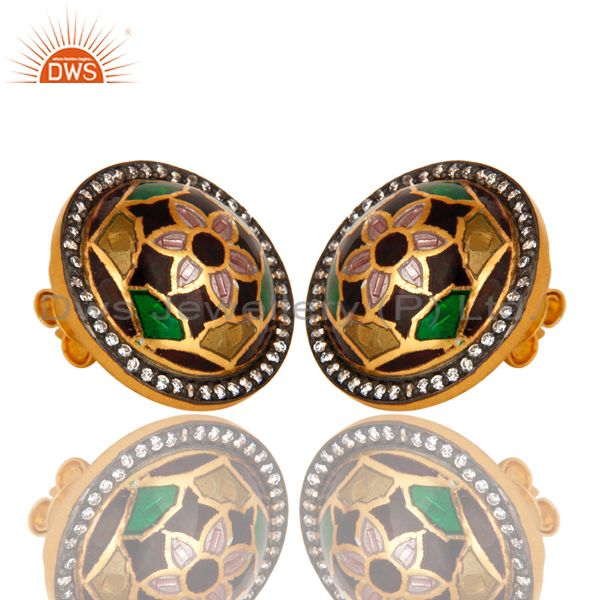 Exporter 22K Yellow Gold Plated Sterling Silver CZ And Floral Enamel Design Stud Earrings