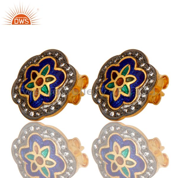 Exporter 18K Gold Plated Sterling Silver Enamel Work Ethnic Fashion Stud Earrings With CZ