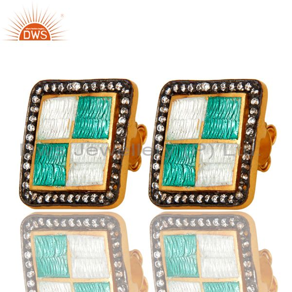 Exporter 22K Yellow Gold Plated Sterling Silver CZ And Enamel Design Square Stud Earrings