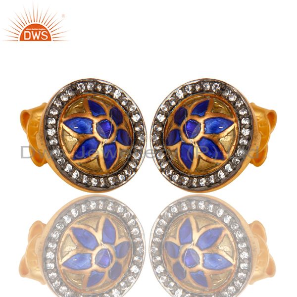 Exporter 22K Yellow Gold Plated Sterling Silver CZ And Enamel Design Round Stud Earrings