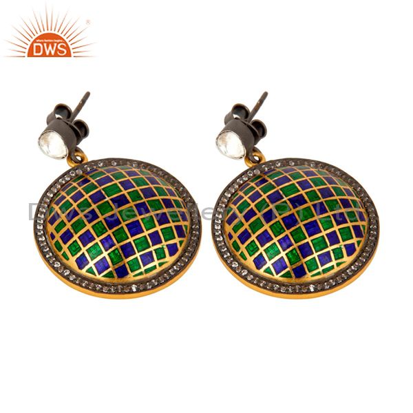 Exporter 22K Gold Plated Sterling Silver CZ Polki And Enamel Design Round Stud Earrings
