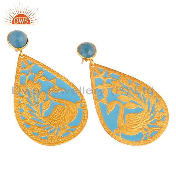 Exporter 18K Yellow Plated Aqua Blue Chalcedony Gemstone Peacock Design Dangle Earrings