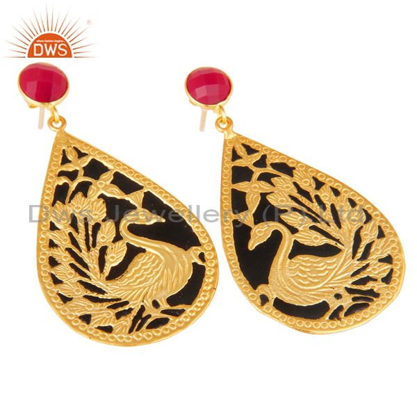 Exporter 18K Gold Plated Chalcedony Beautiful Handcrafted Peacock Dangle Enamel Earrings