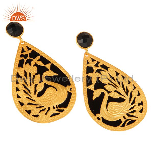 Exporter 18K Gold Plated Natural Black ONyx Peacock Designer Earrings With Black Enamel