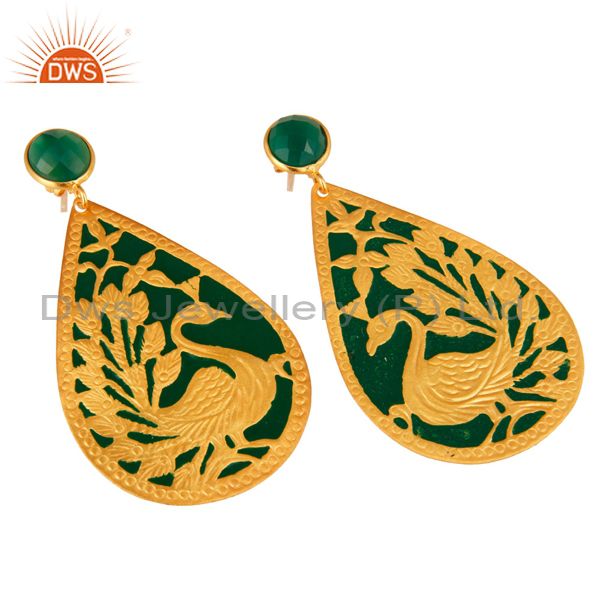Exporter 18K Yellow Gold Over Brass Handmade Green Onyx Designer Peacock Dangle Earrings