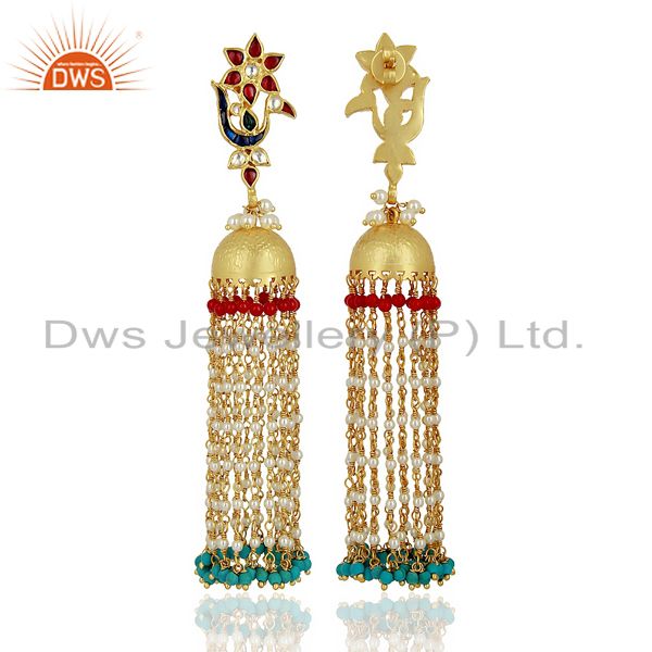 Exporter Peacock Colored Stone Jhumkas 925 Sterling Silver Gold Plated Kundan Jewelry