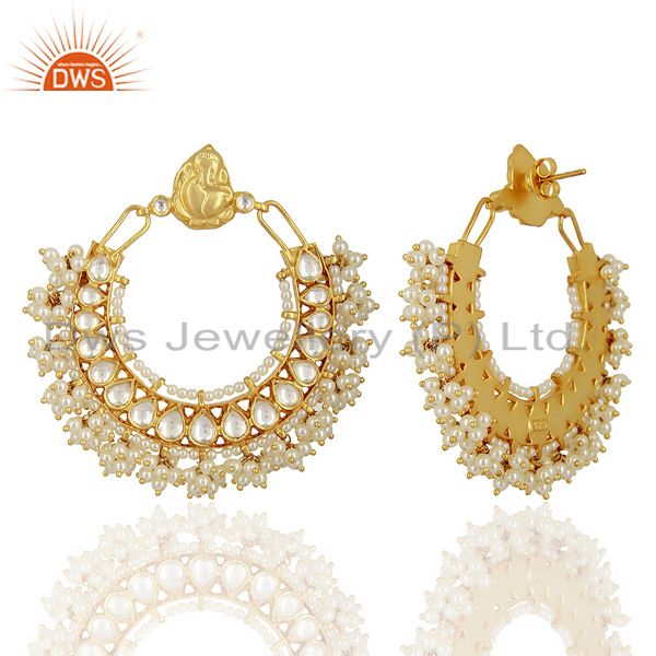 Exporter Kundan Polki 92.5 Sterling Silver Gold Plated Chand Bali Temple Jewelry