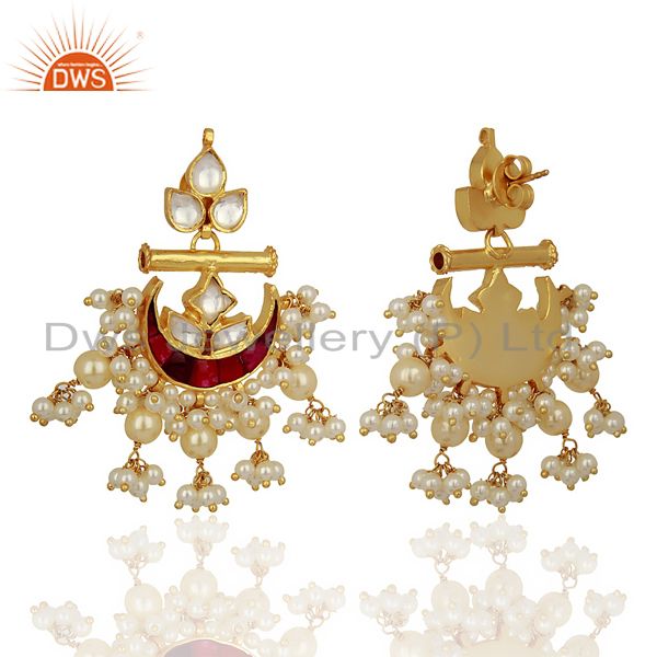 Exporter Indian Traditional Kundan Polki Sterling Silver Gold Plated Chand Bali Earrings