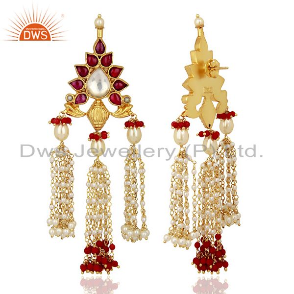 Exporter Coral With Pearl Gemstone 925 Sterling Silver Gold Plated Chandelier Earrings