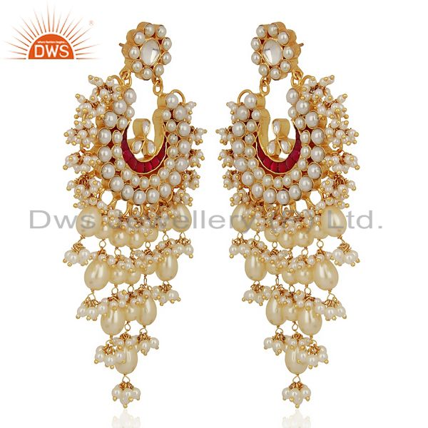 Exporter Kundan Polki With Pearl 925 Sterling Silver Gold Plated Chand Bali Earrings
