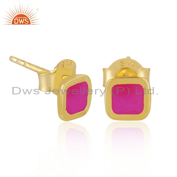 Exporter Handmade Pink Enamel 18k Gold Plated 925 Silver Stud Earrings Jewelry