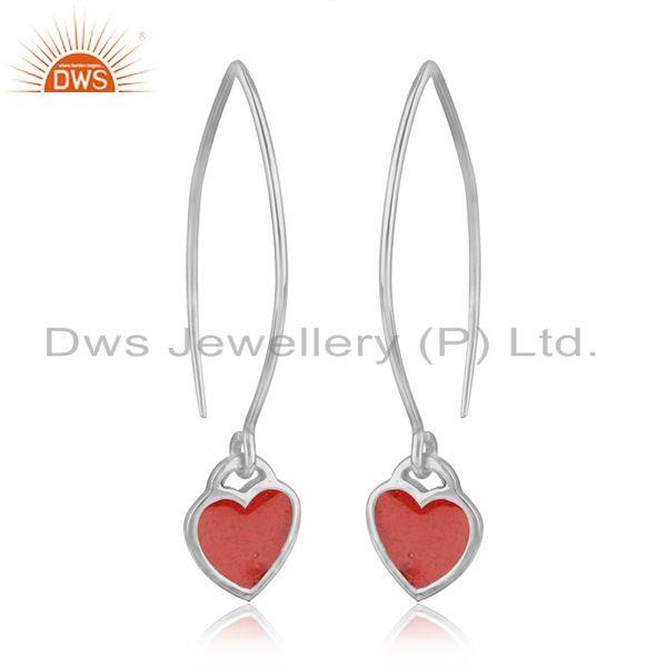 Dainty dangle earring in fine silver 925 with light red enamel