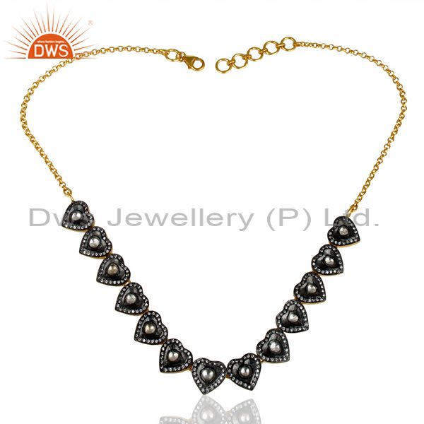 Exporter 18K Gold Plated Sterling Silver CZ Crystal Polki Victorian Style Heart Necklace