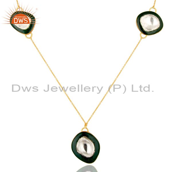 Exporter 18K Gold Plated Sterling Silver Crystal Polki And Green Enamel Fashion Necklace