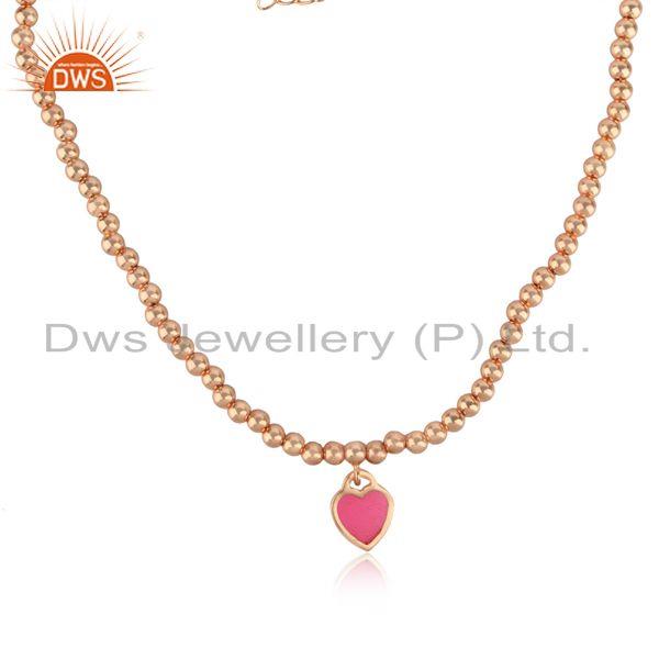 Pink enamel heart charm beaded necklace in rose gold on silver