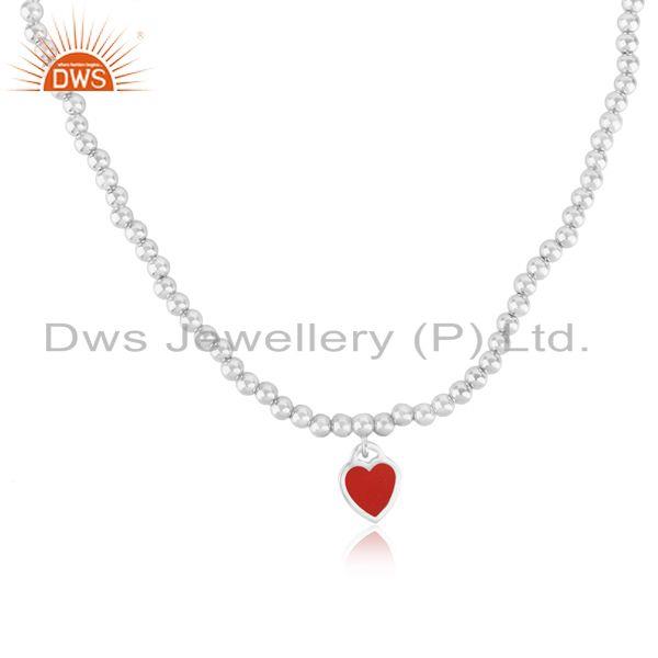 Red enamel heart charm beaded necklace in rhodium over silver