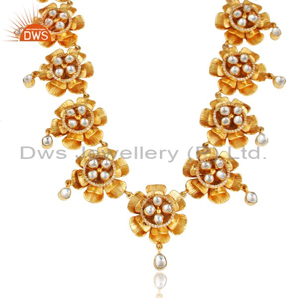 Floral chokar necklace in yellow gold on silver with crystal and cz