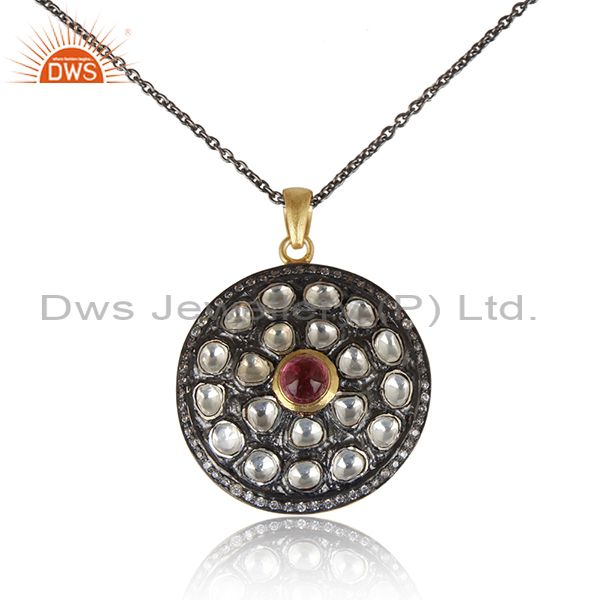 Artisan gold over silver 925 crystal, cz, pink tourmaline necklace