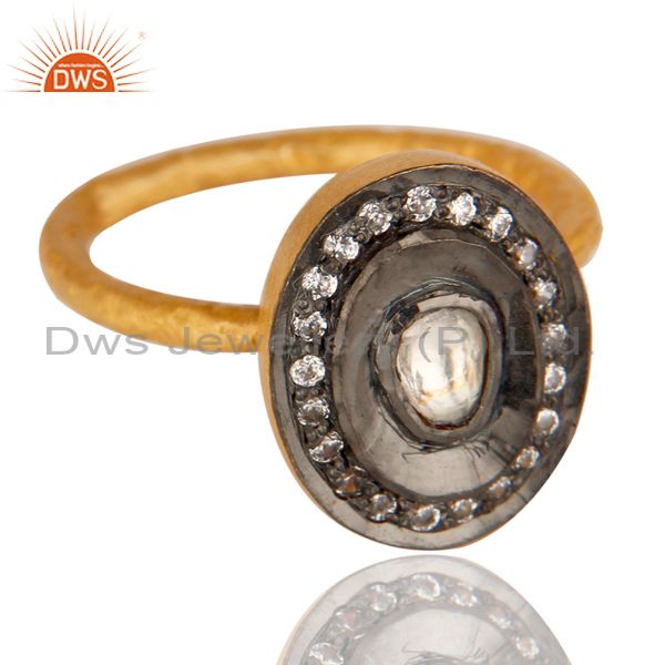 Exporter Crystal Quartz CZ Polki Handmade Hammered Ring In 14K Gold Over Sterling Silver