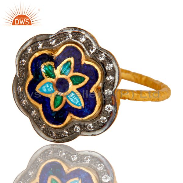 Exporter 18K Yellow Gold Plated Sterling Silver CZ And Enamel Flower Cocktail Stack Ring