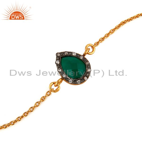 Exporter 18K Yellow Gold Plated 925 Sterling Silver Green Onyx Gemstone Bracelet With CZ