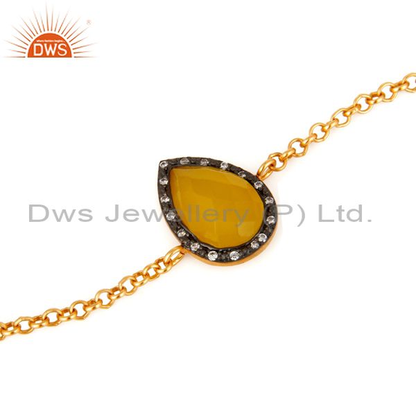 Exporter 18K Gold Plated 925 Sterling Silver Chain Bracelet With Yellow Moonstone & CZ