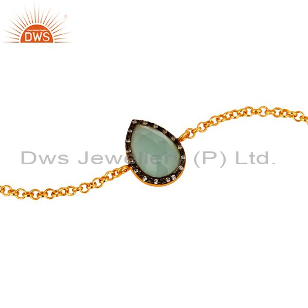 Exporter 18K Yellow Gold Plated Sterling Silver Aqua Chalcedony Chain Bracelet With CZ