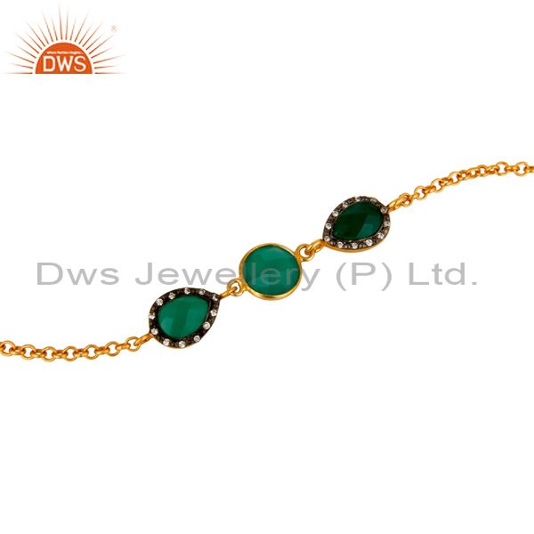 Exporter 18K Yellow Gold Plated Sterling Silver Green Onyx Chain Bracelet With CZ