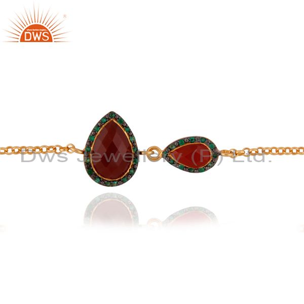 Exporter Gold Plated 925 Sterling Silver Chain Natural Emerald Gemstone Red Onyx Bracelet