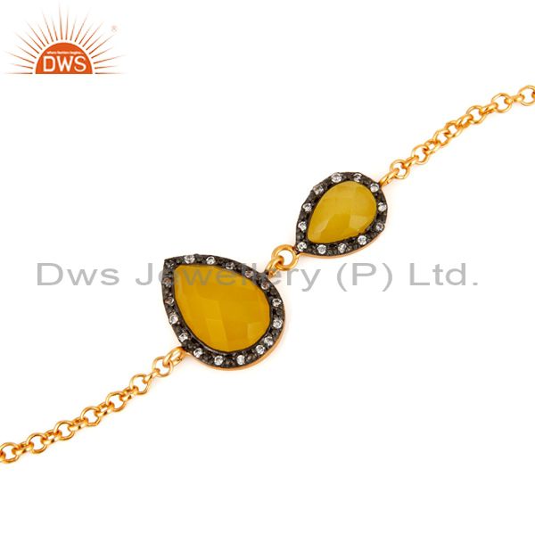 Exporter Yellow Moonstone & CZ Pave Gold Plated Sterling Silver Link Chain Women Bracelet