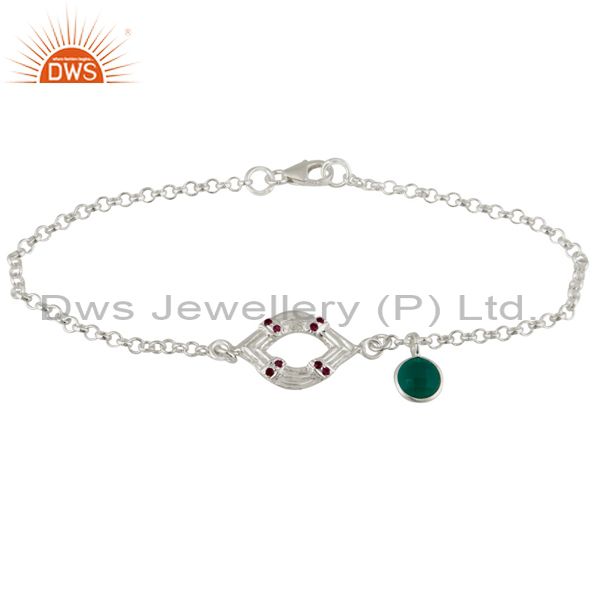 Exporter 925 Sterling Silver Ruby & Green Onyx Gemstone Charm Chain Bracelet