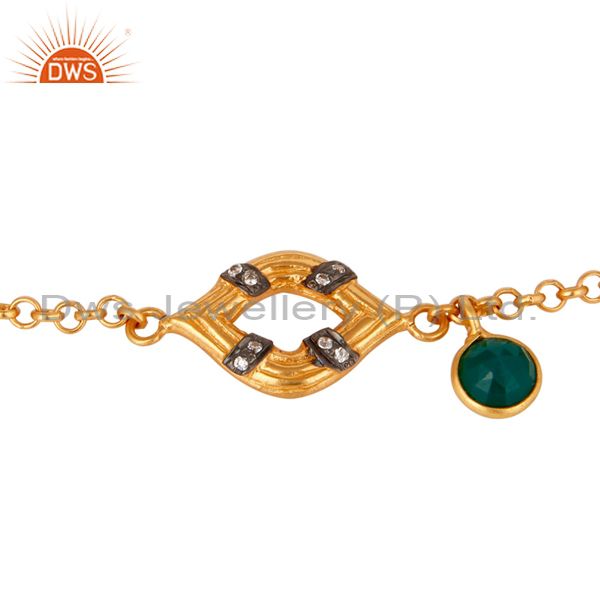 Exporter 22K Gold Plated Sterling Silver Green Onyx & White Zirconia Chain Link Bracelet