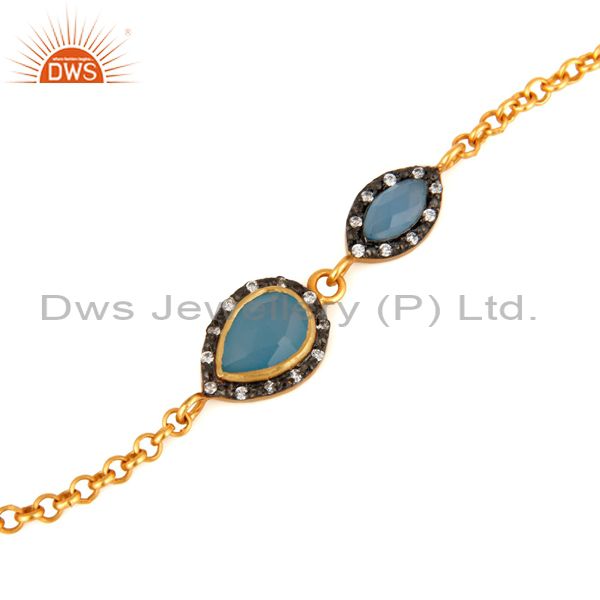 Exporter Blue Chalcedony Gemstone & CZ Sterling Silver Gold Plated Link Chain Bracelet