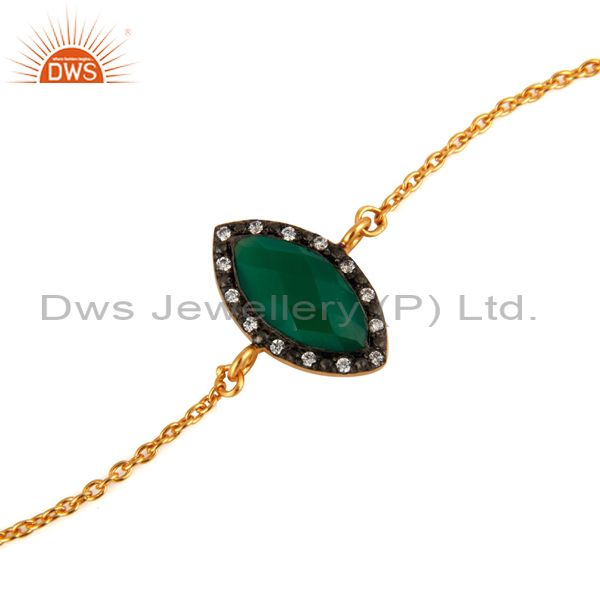 Exporter 22K Yellow Gold Plated 925 Sterling Silver Green Onyx & CZ Fashion Bracelet