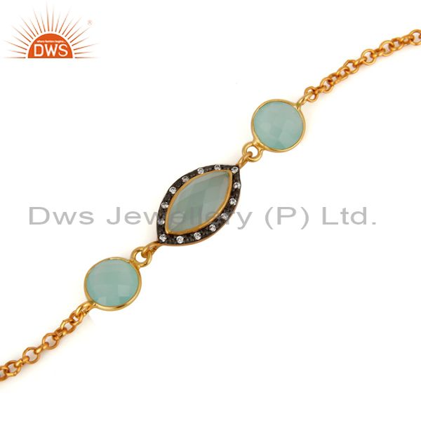 Suppliers 24K Gold Plated 925 Sterling Silver Blue Aqua Glass Gemstone Fashion Bracelet