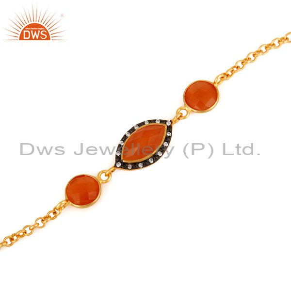 Exporter Cubic Zirconia & Peach Moonstone Gold Plated Sterling Silver Fashion Bracelets