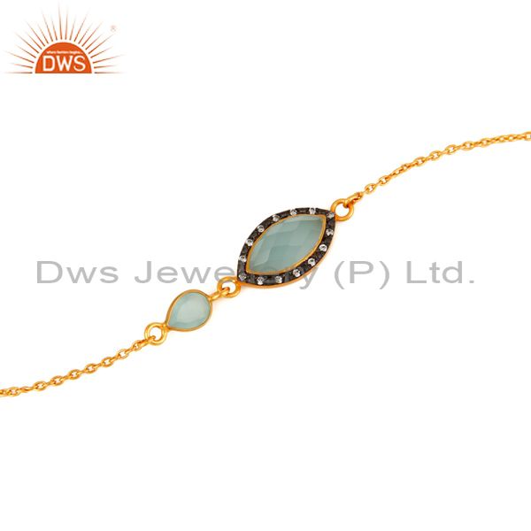 Suppliers Sterling Silver Gold Plated Aqua Glass Gemstone & CZ Link Chain Womens Bracelet