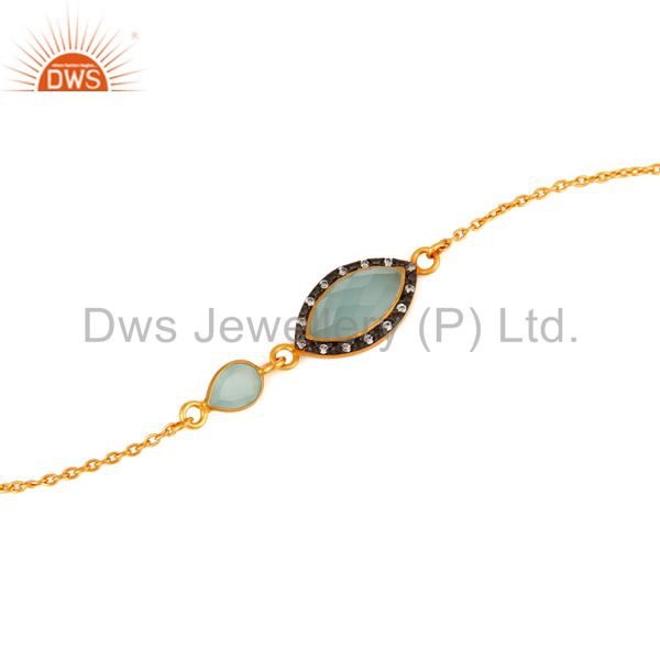 Exporter Sterling Silver Gold Plated Aqua Glass Gemstone & CZ Link Chain Womens Bracelet