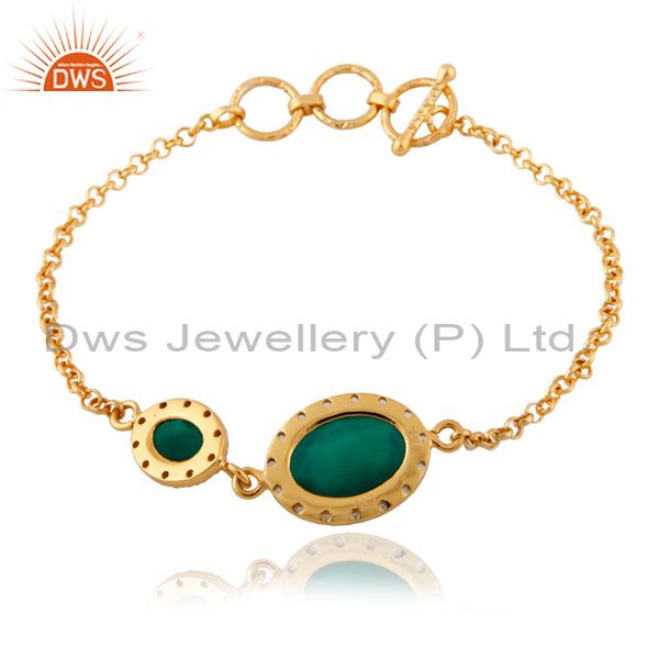 Exporter Green Onyx 925 Sterling Silver White Topaz 18K Yellow Gold Plated Chain Bracele