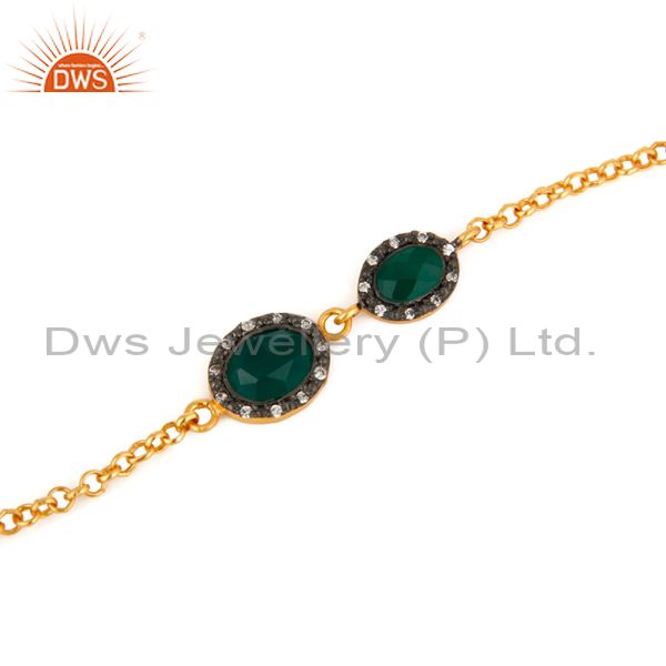 Exporter Natural Green Onyx & CZ Sterling Silver Chain Link Bracelet With Gold Plated 18K