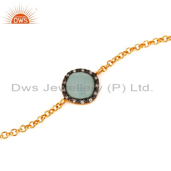 Suppliers Synthetic Aqua Chalcedony Gemstone Gold Plated Sterling Silver Chain Bracelets