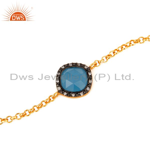 Exporter 925 Sterling Silver Chain Blue Chalcedony Gold Plated Bracelet Adjustable - CZ