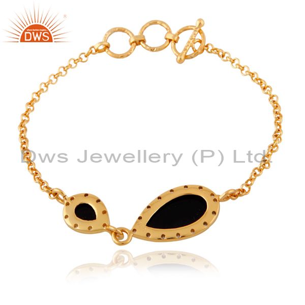 Exporter 24k Gold Plated Black Onyx Gemstone Sterling SIlver White Topaz Chain Bracelets