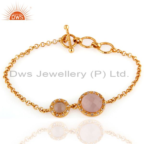 Exporter Natural Rose Chalcedony 18k Gold Over Sterling Silver Bracelet with White Zircon